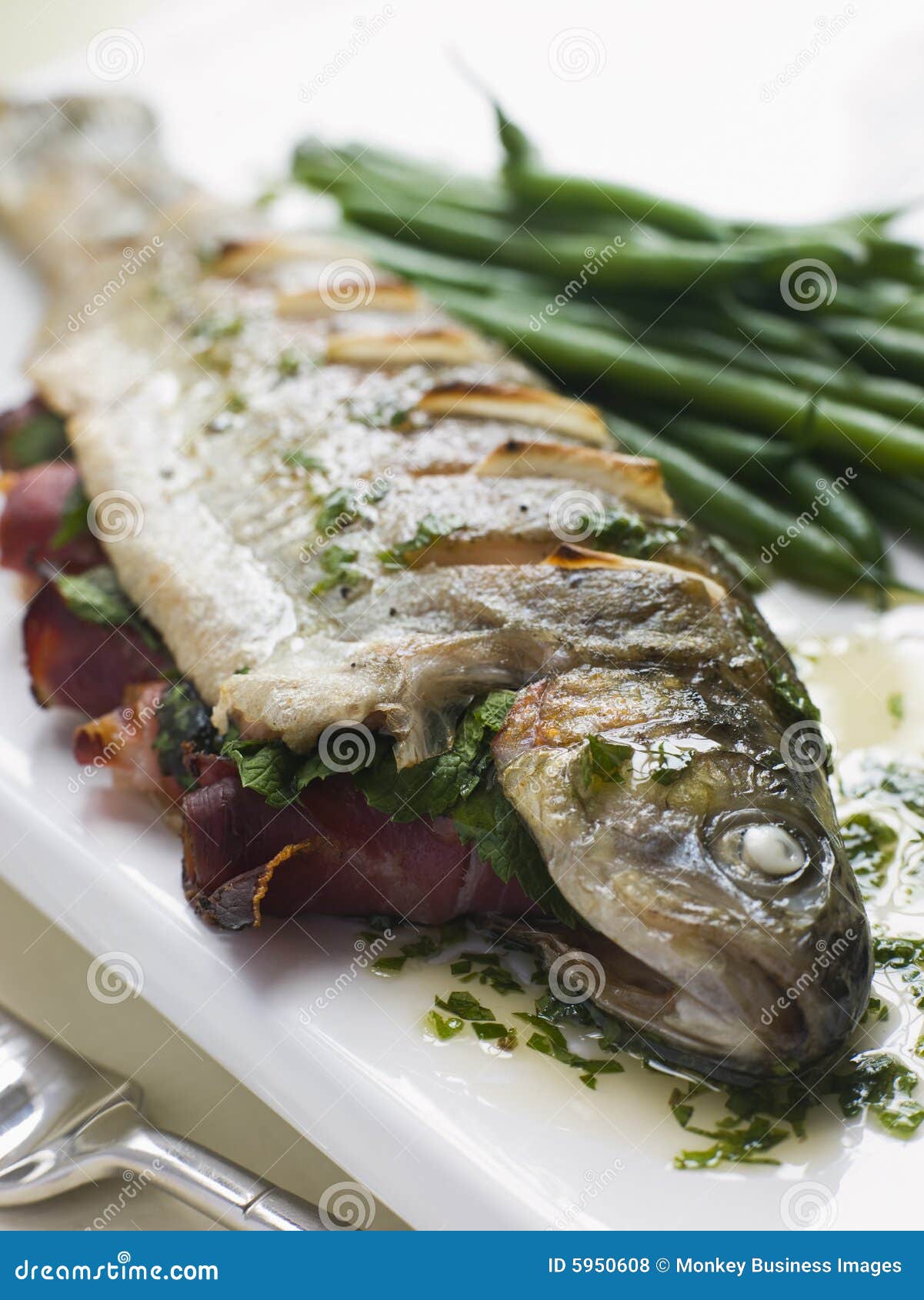 Whole River Trout with Jamon and Herb Butter Stock Photo Image of