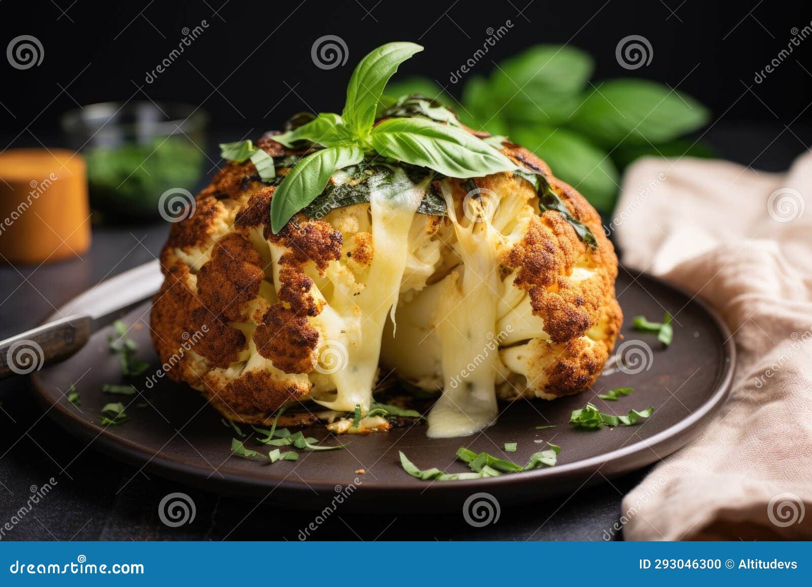 Whole Roasted Cauliflower Stuffed with Herbs and Cheese Stock Photo