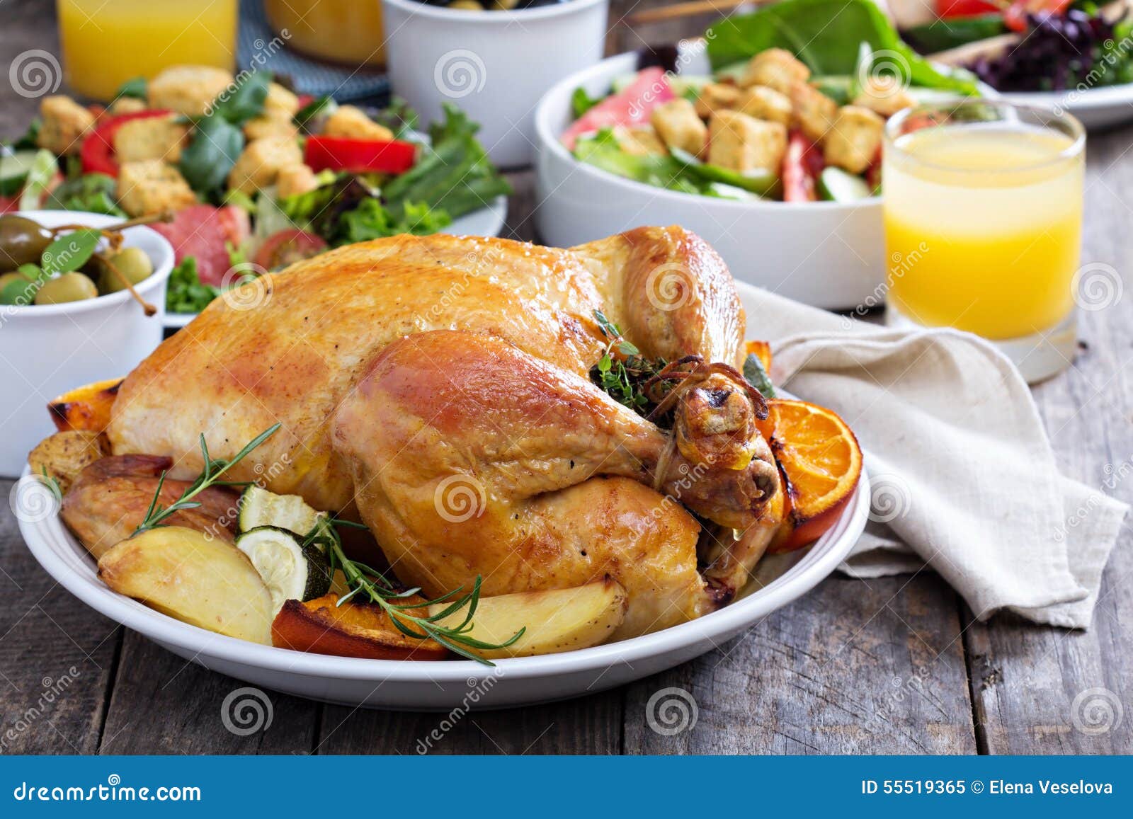 Whole Roasted Chicken On Dinner Table Stock Photo Image 55519365