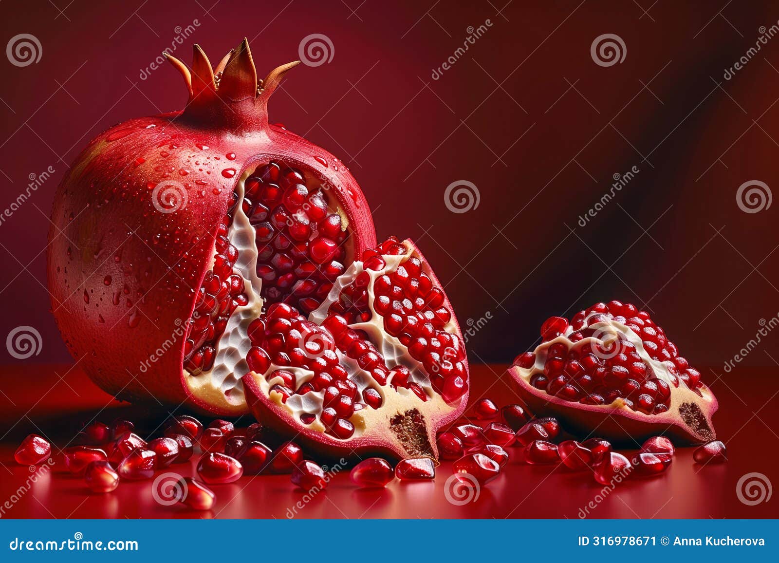 whole and segmented pomegranates with scattered seeds