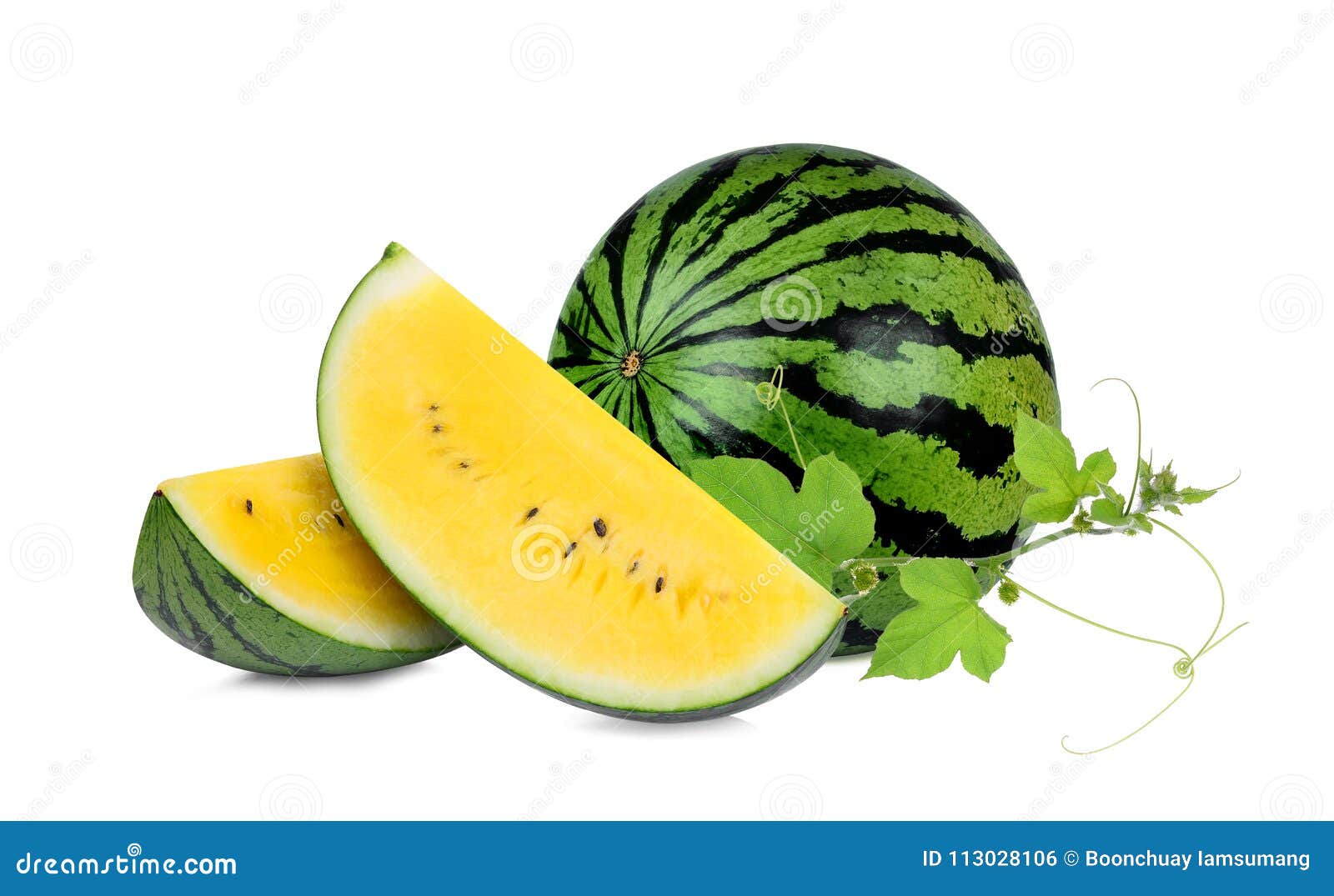 Whole and Slice Yellow Watermelon with Green Leaf Isolated Stock Photo