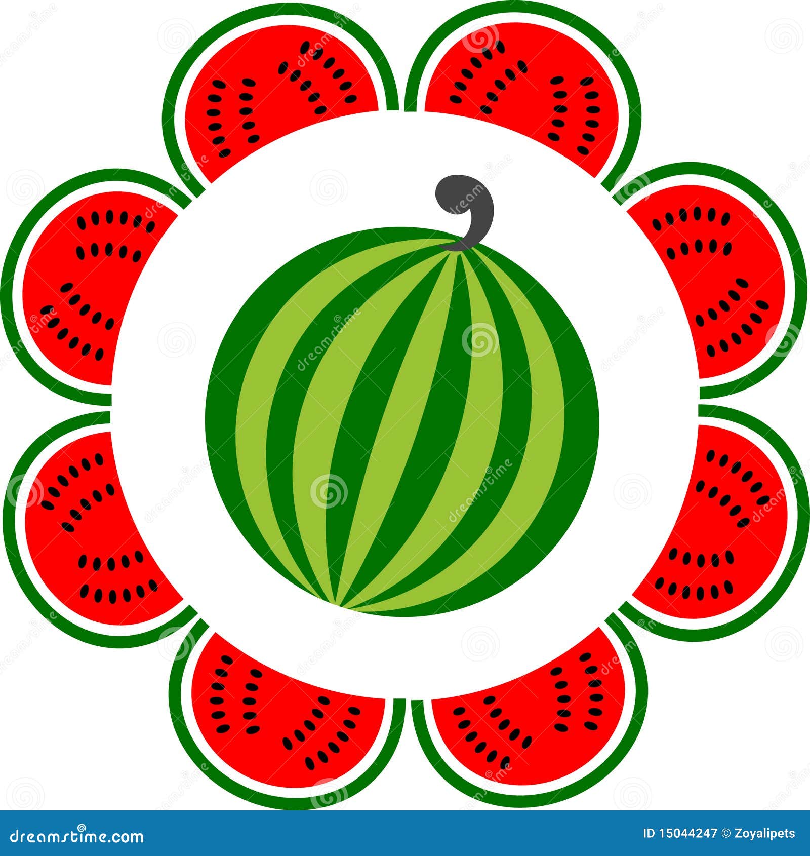 Whole and Sliced Watermelon Arranged Like a Flower Stock Vector