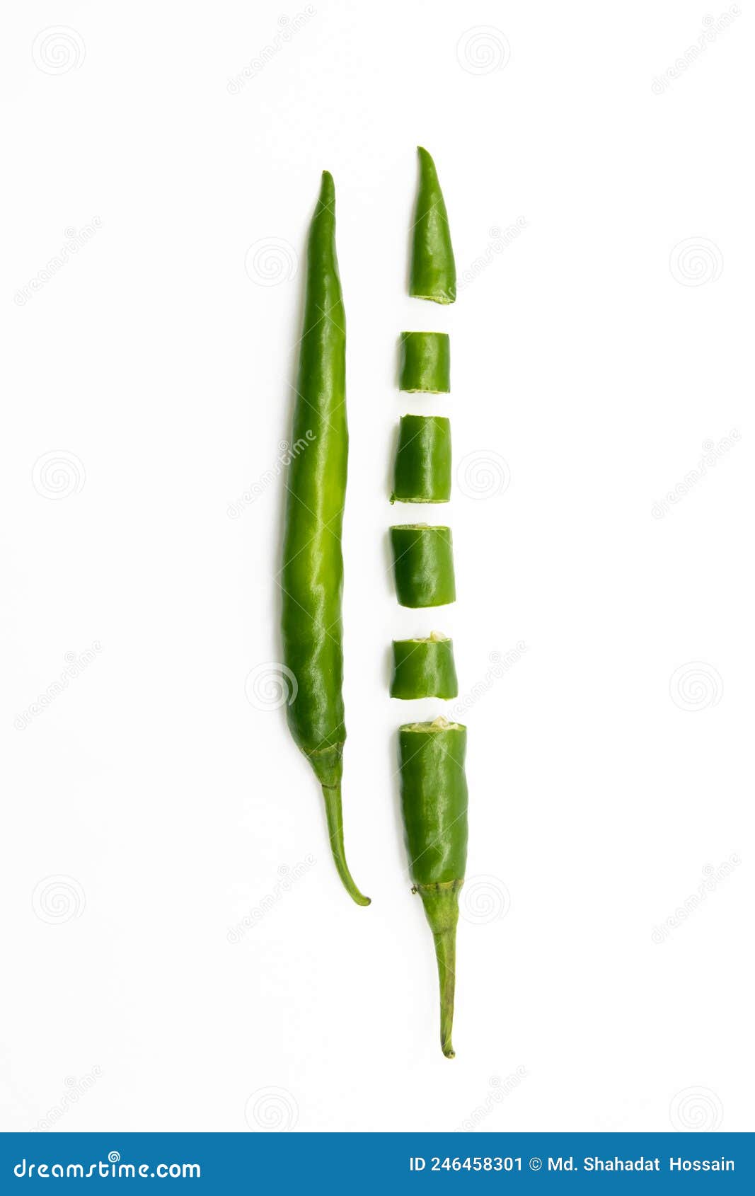 whole and slices lumbre green chili pepper  on white background
