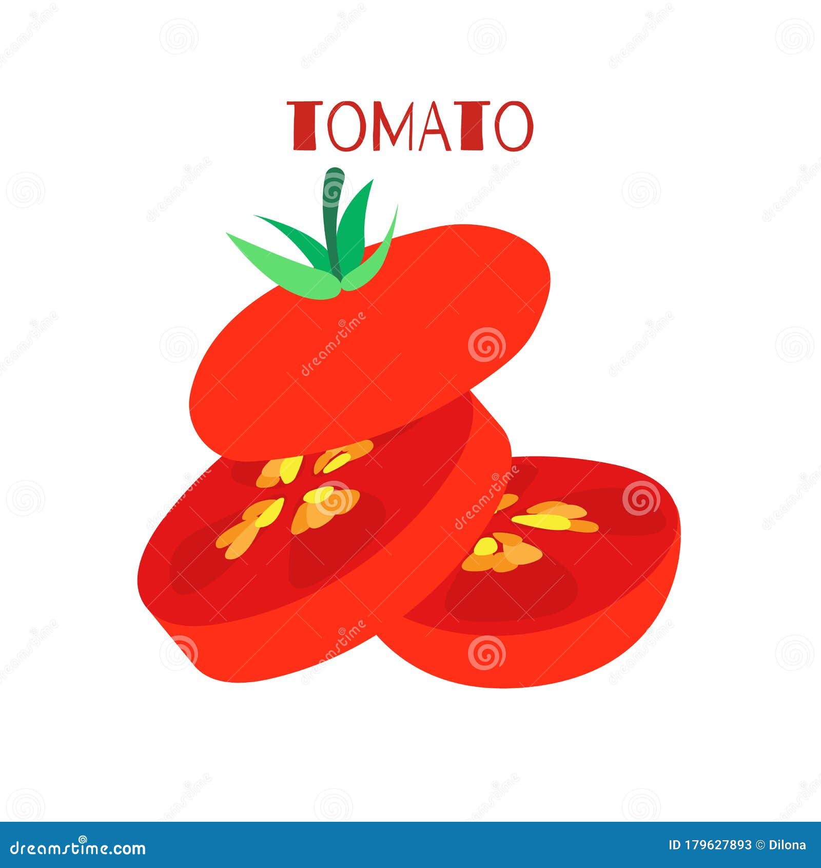 whole tomato sliced cut for 3 parts.  flat  style  on white with caption