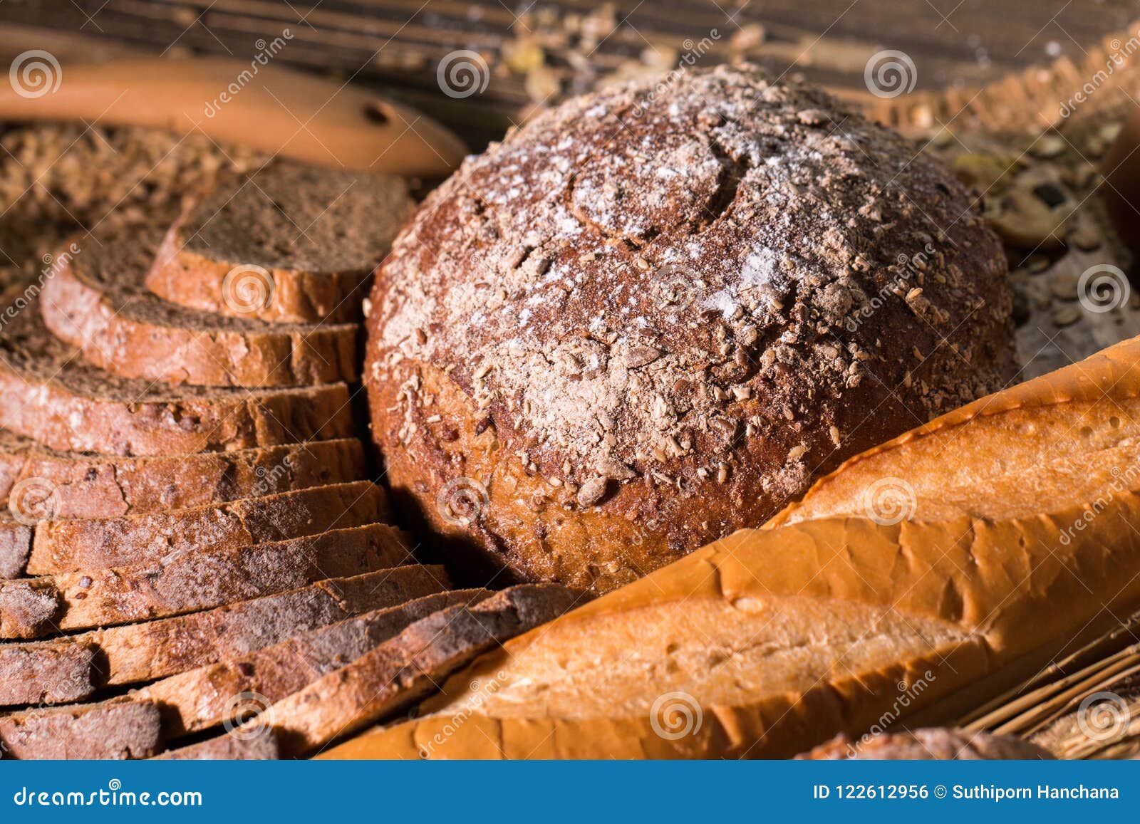 Whole Wheat Bread and Eggs on Wood Table. Stock Photo Image of brown