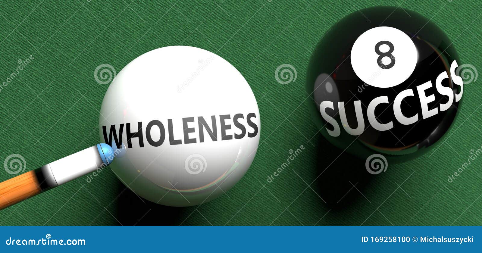 wholeness brings success - pictured as word wholeness on a pool ball, to ize that wholeness can initiate success, 3d