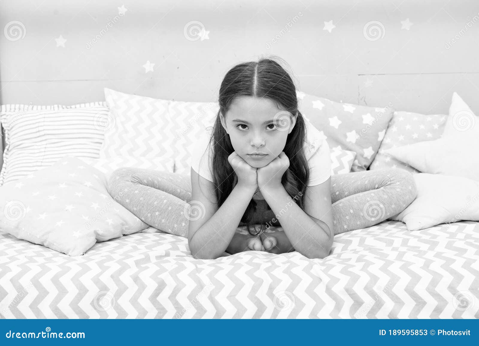 Why so Sad. Sad Girl Sit in Bed. Little Child with Sad Look. Bedtime ...