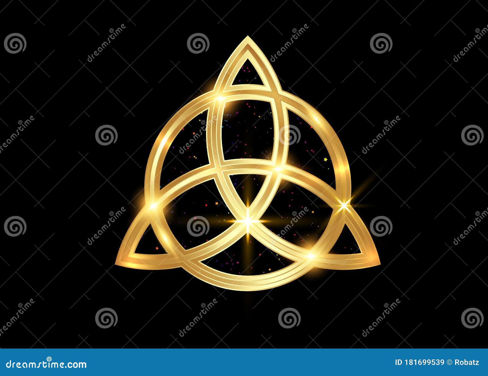 triquetra geometric logo, gold trinity knot, wiccan  for protection.  golden celtic trinity knot set  on black