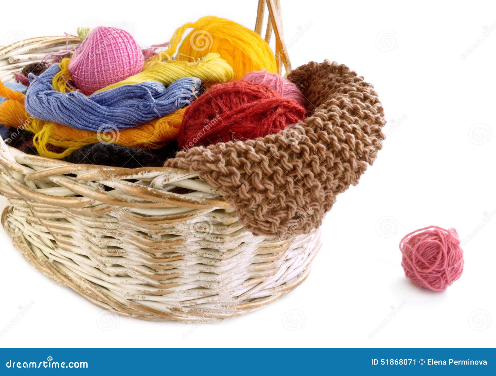 Wicker Basket with Balls of Yarn and Knitting Needles Stock Image