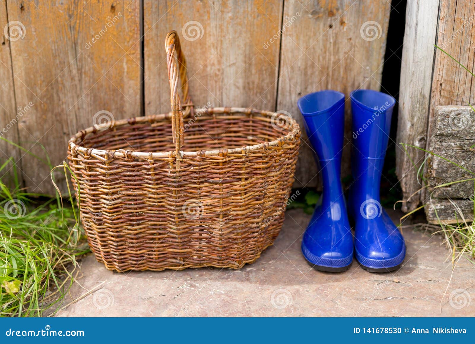 Wicker Basket and Blue Rubber Boots. Summer. Spring. Stock Photo