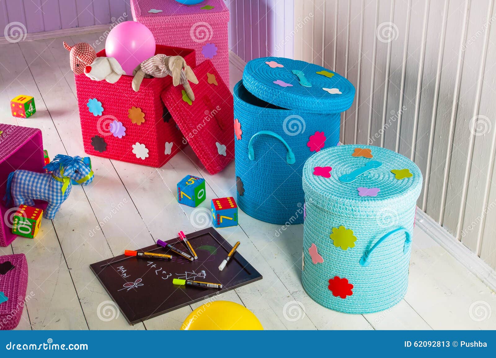 Wicker Basket of Colored Storage and Toys Stock Image Image of items