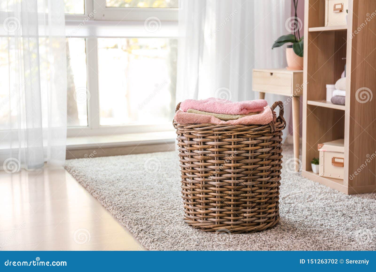 Wicker Basket with Folded Clean Towels on Floor Stock Photo Image of