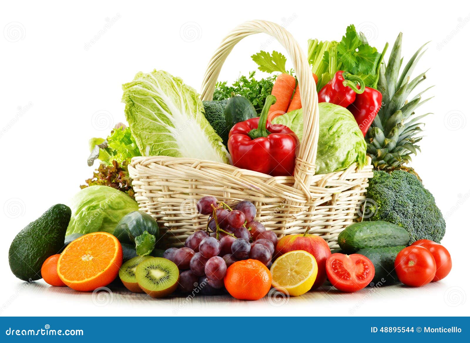 Wicker Basket with Groceries on White Stock Photo Image of balanced