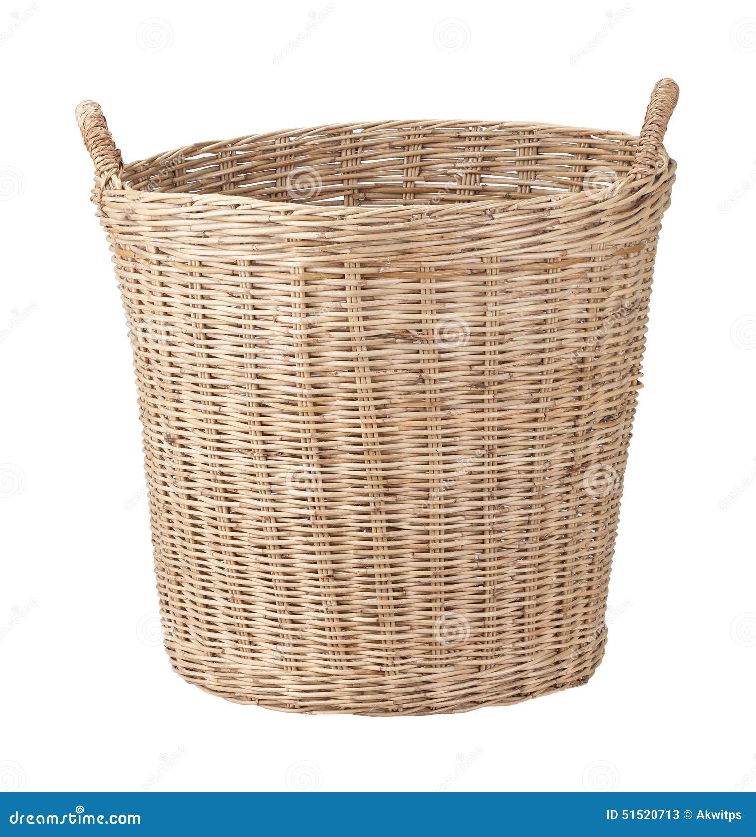 Handmade Wicker Basket with Two Handles on a White Background. Stock