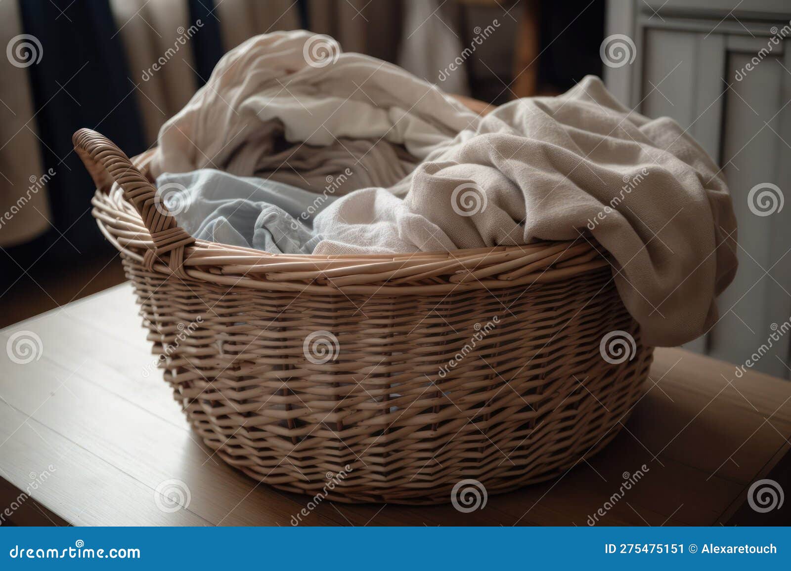 wicker basket with laundry close-up. washday