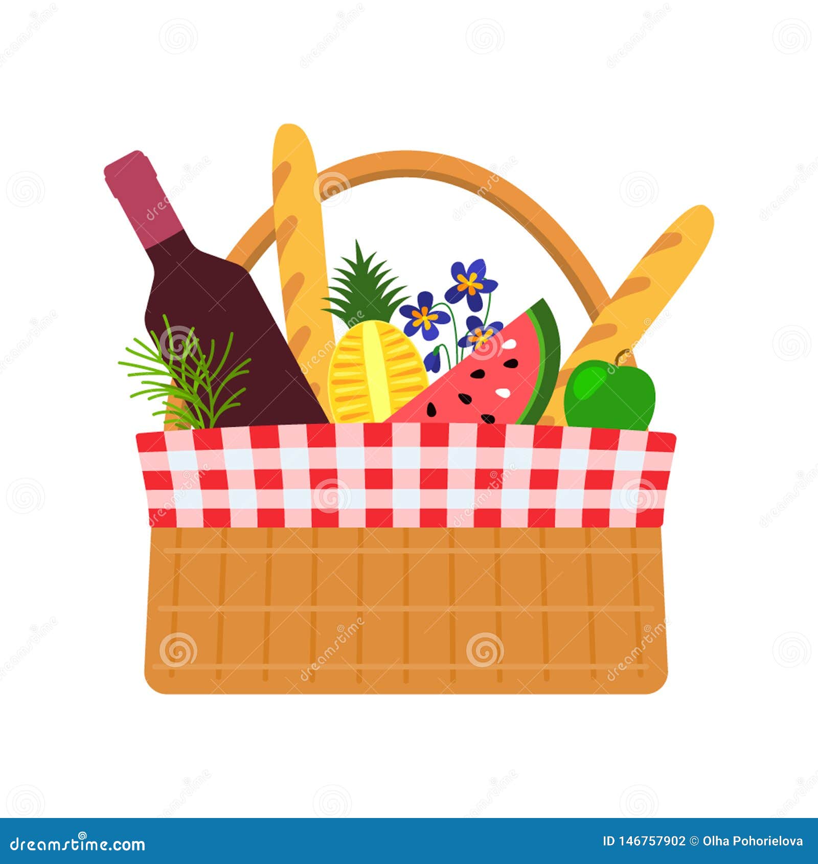 Wicker Basket for a Picnic with Food and Flowers. Flat Vector ...