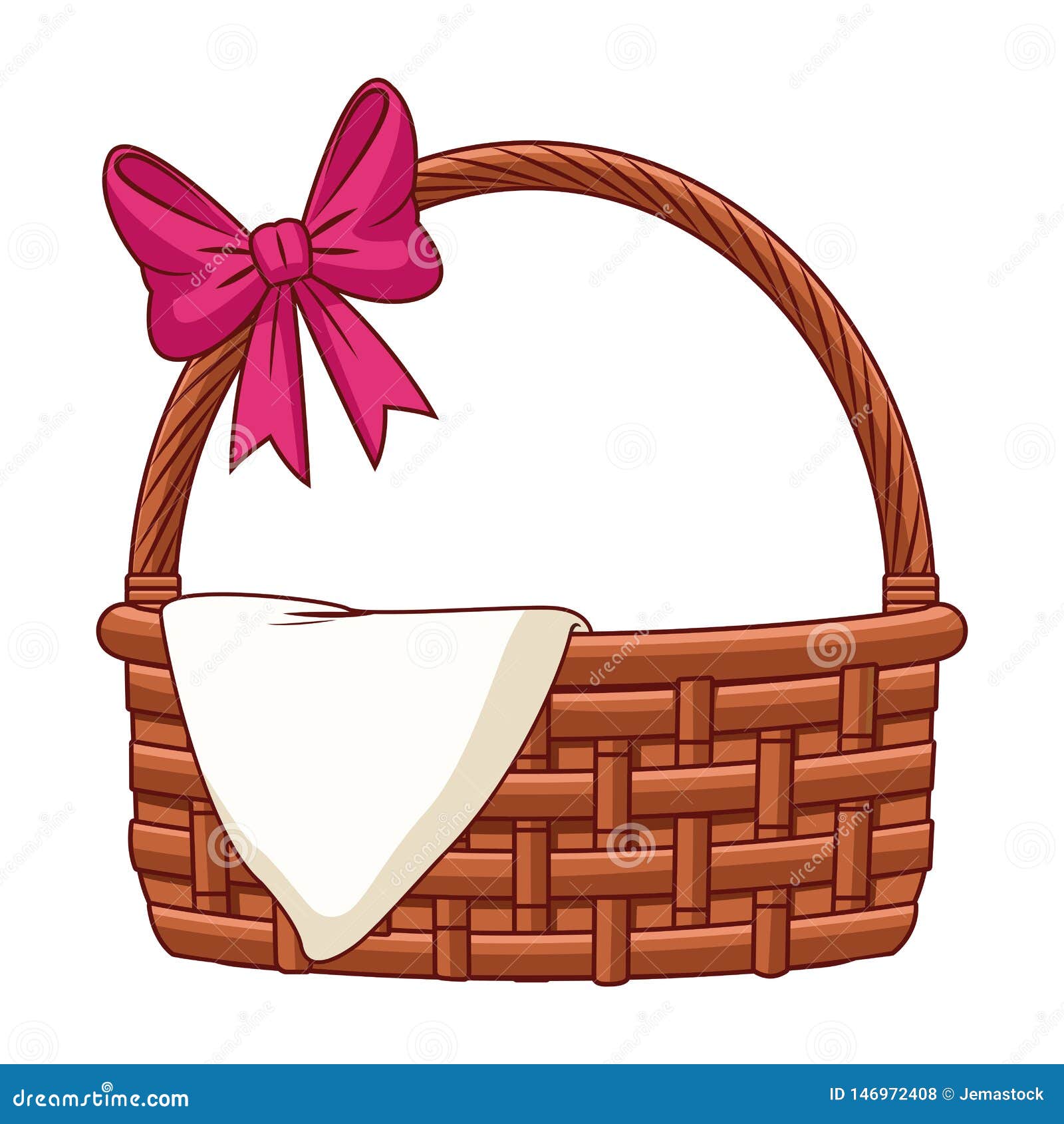 Wicker Basket With Ribbon And Cloth Isolated Stock Vector