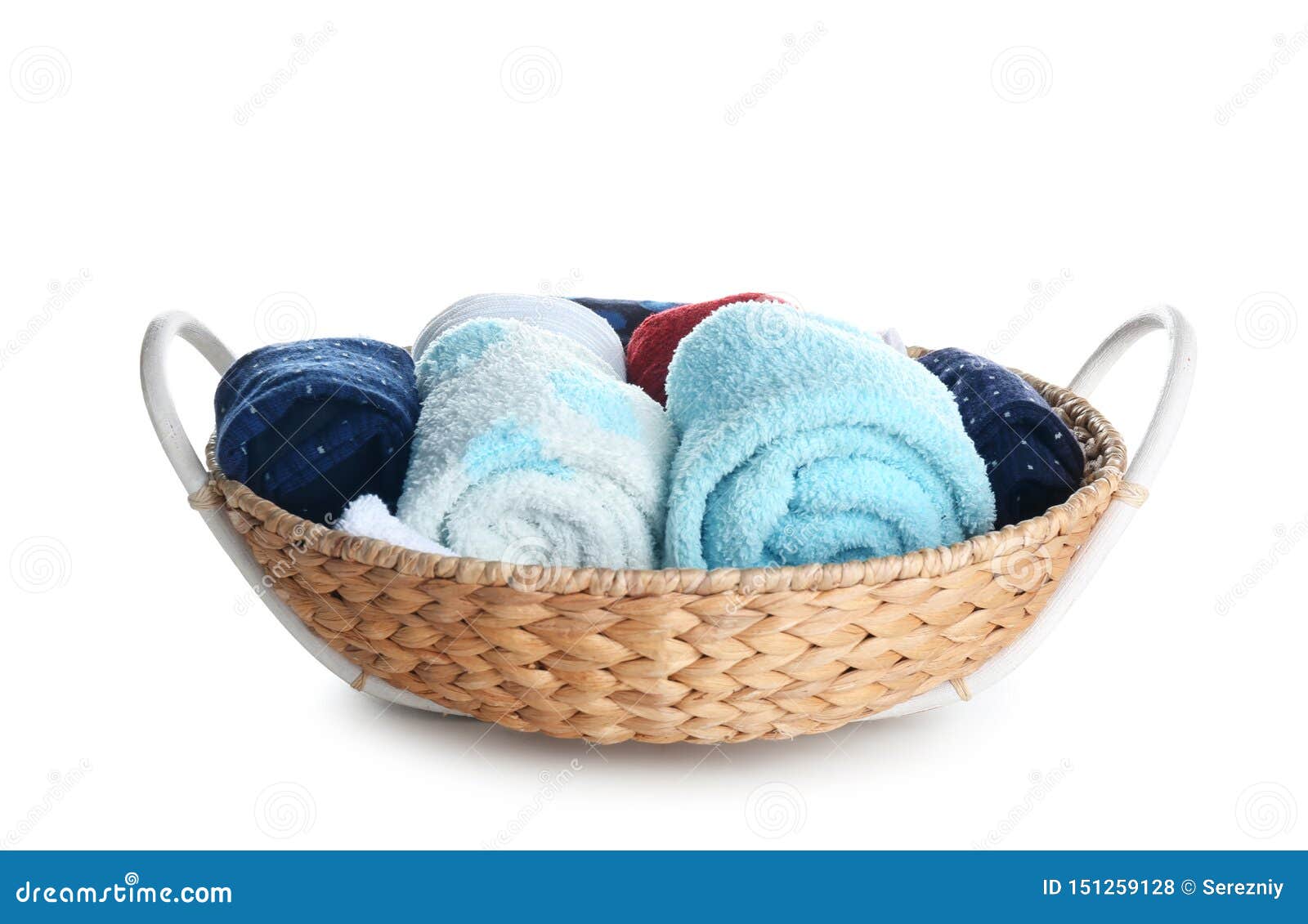 Wicker Basket with Rolled Towels and Clothes on White Background Stock Photo Image of clothes