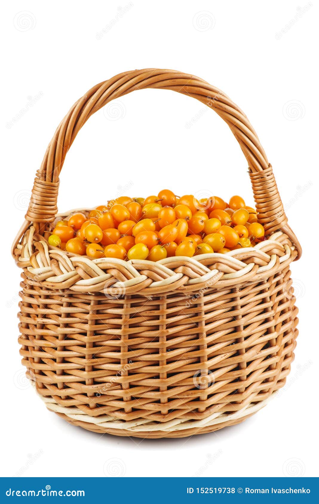 wicker basket with sea buckthorn berries  on white background
