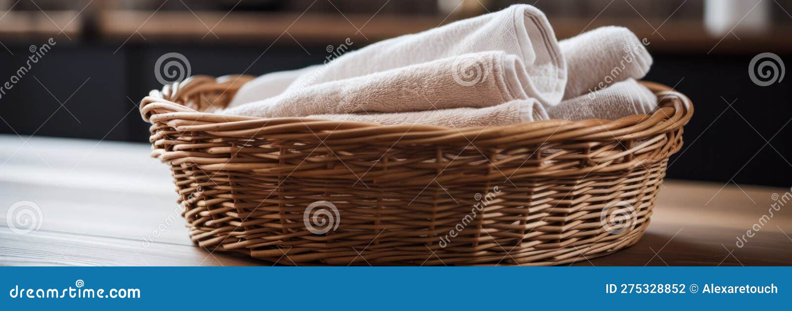 wicker basket with washed dry linen close-up. washday