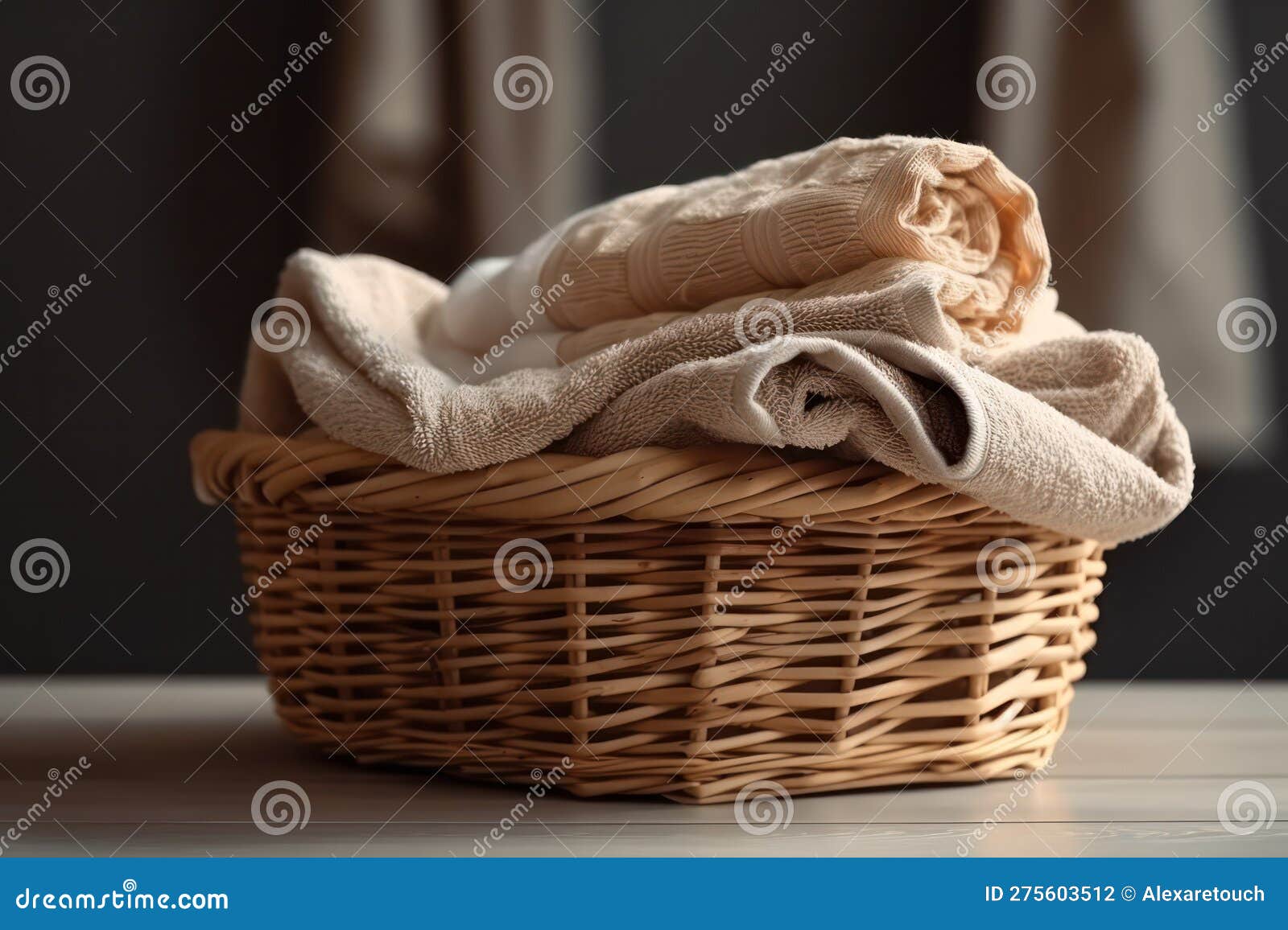 wicker basket with washed dry linen close-up. washday