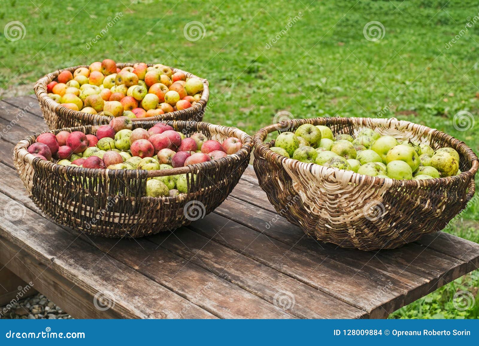 Wicker Baskets with Apples on Old Wooden Table Stock Photo Image of