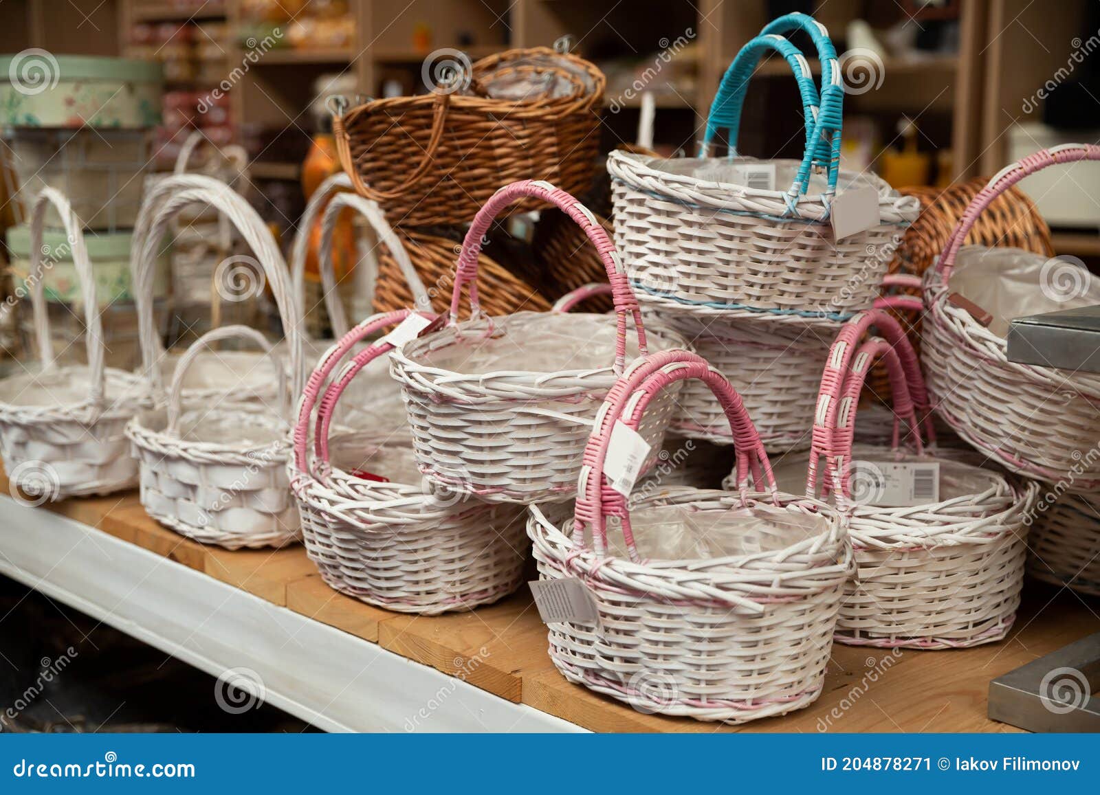 Wicker Baskets on Shelves in Store Stock Image Image of purchases