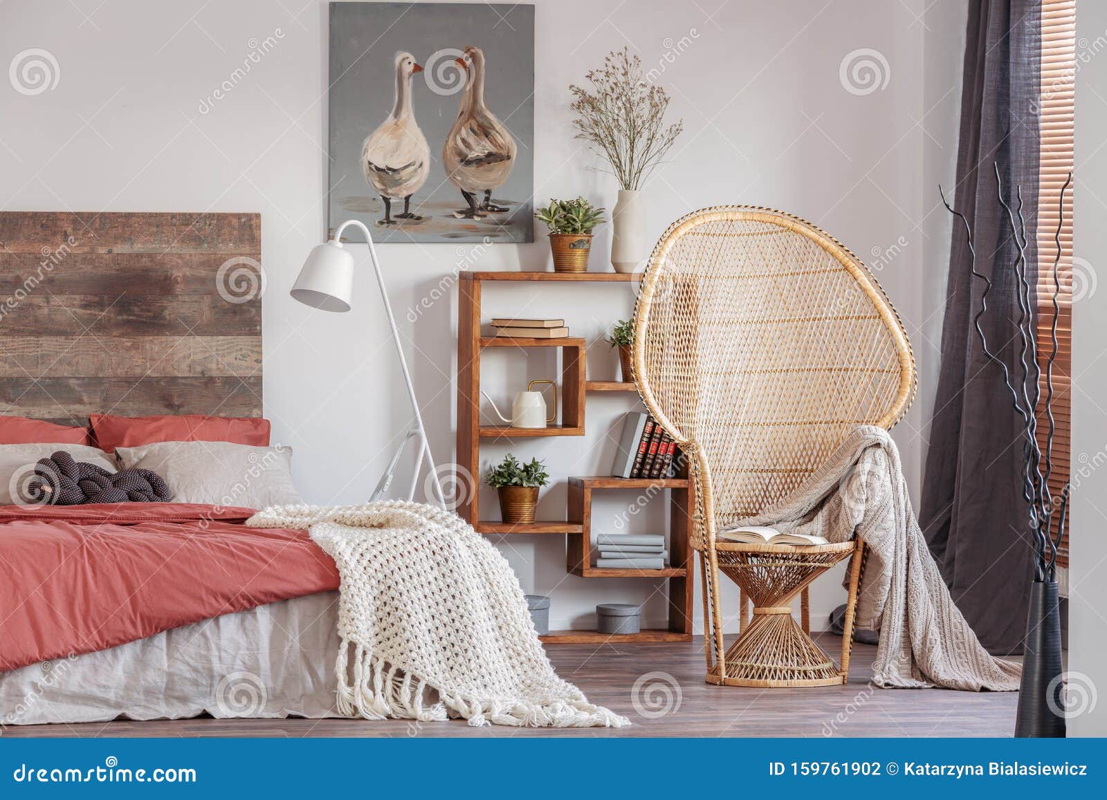 Wicker Peacock Chair With Blanket In Fashionable Rustic Bedroom