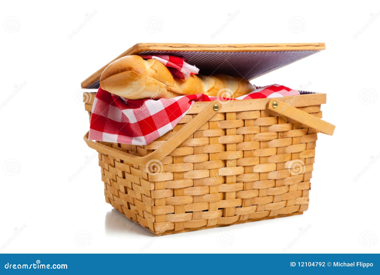 Wicker Picnic Basket with Bread on White Stock Photo Image of