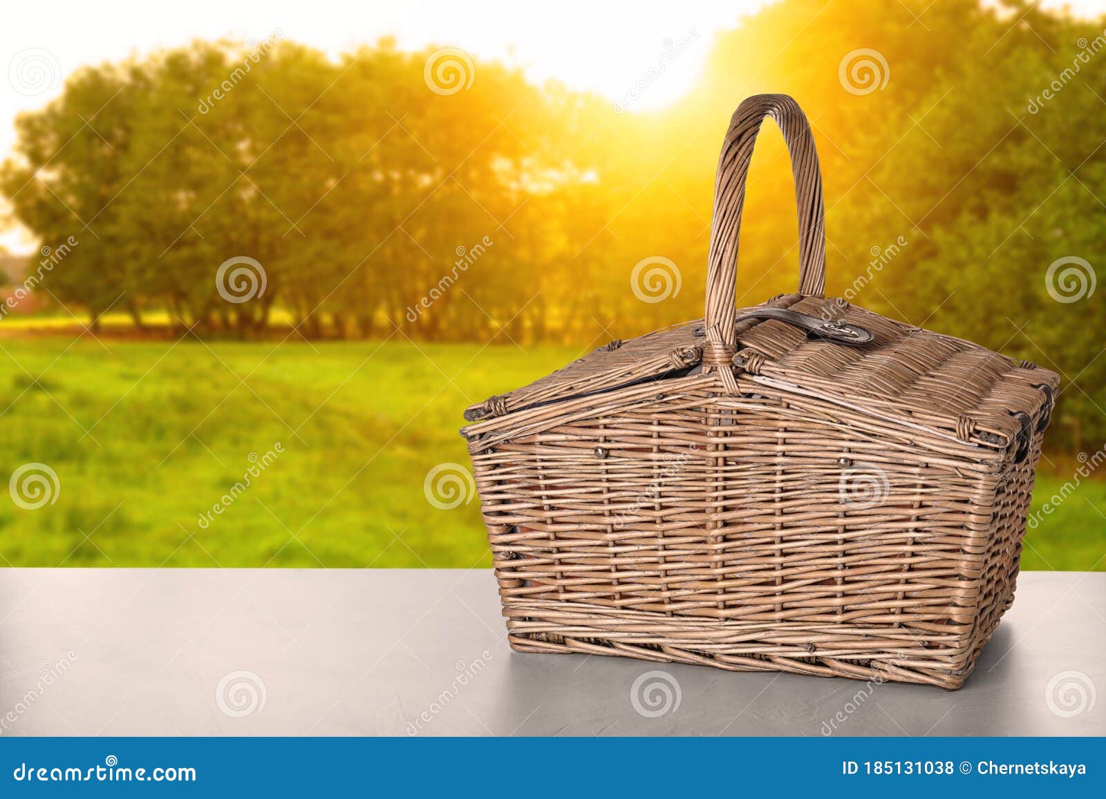 Wicker Picnic Basket on Table, Space for Text Stock Photo Image of