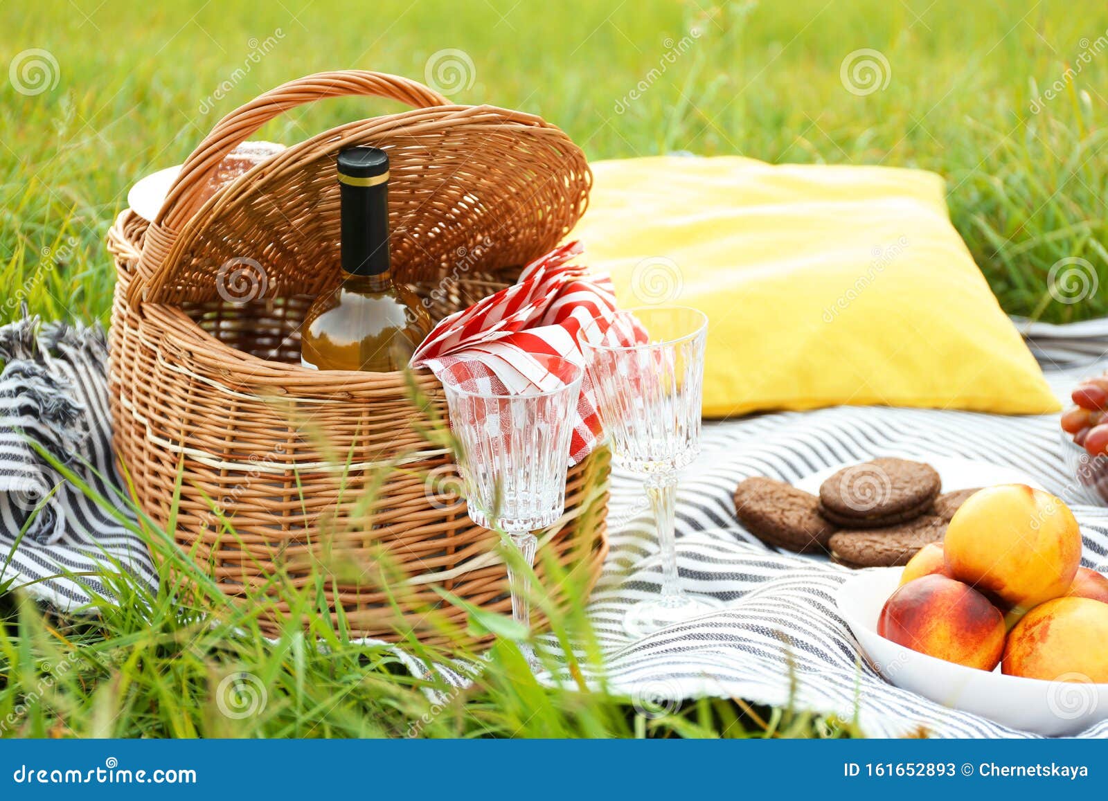 Wicker Picnic Basket with Wine and Glasses on Blanket Stock Image Image of dinner, picnic