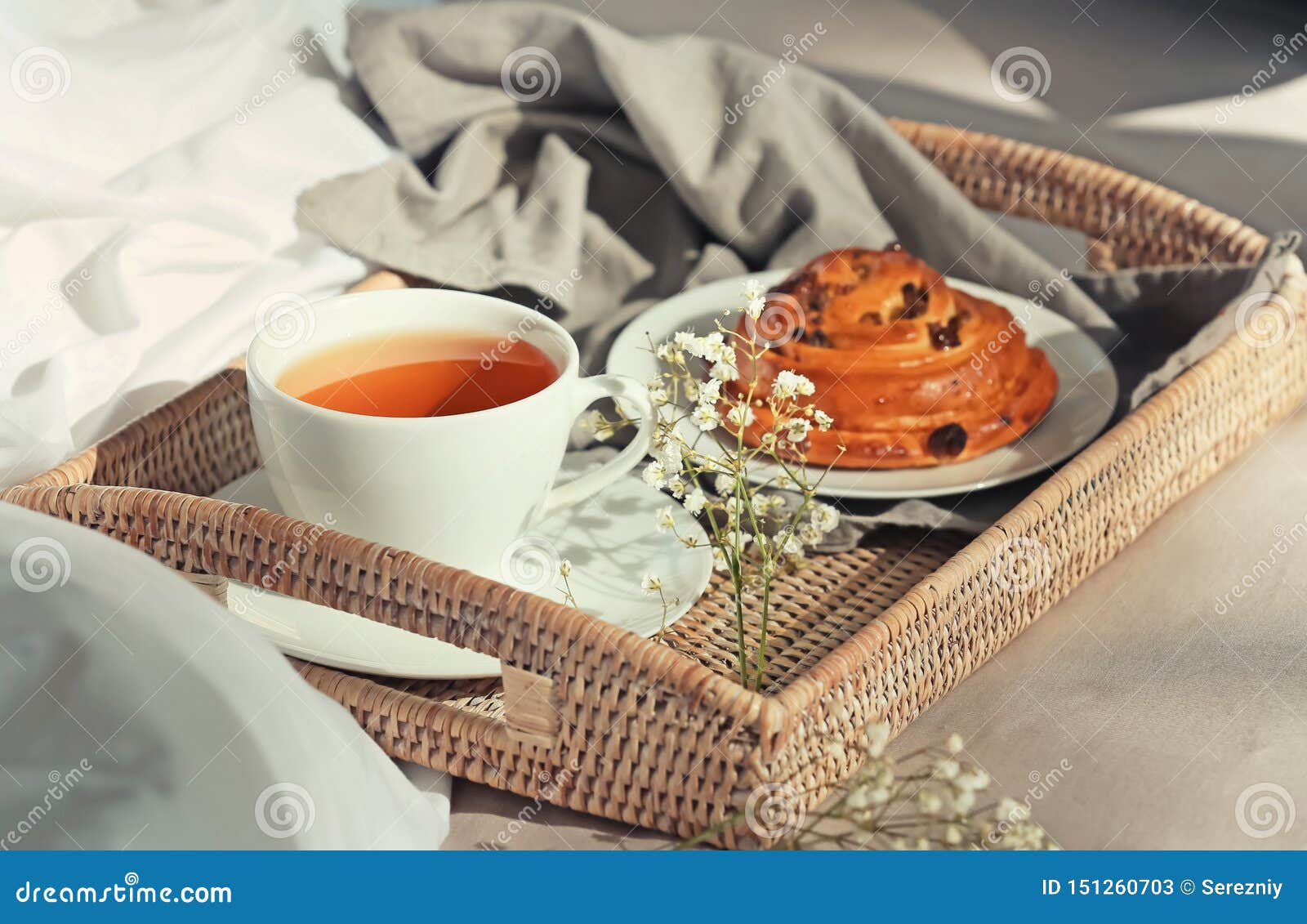 Wicker Tray with Delicious Breakfast on Bed Stock Image Image of