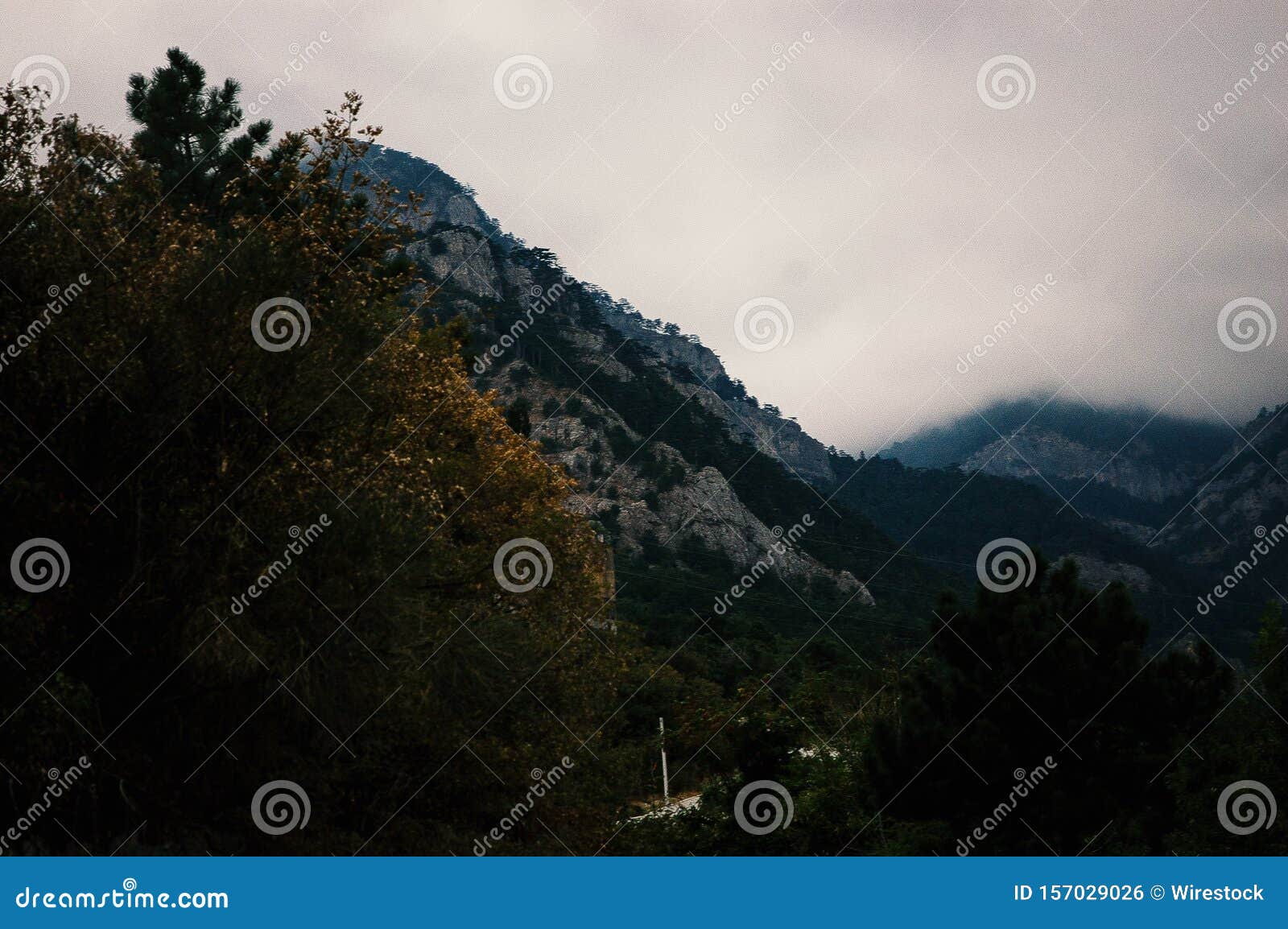 Wide Aerial Shot Of Mountains Surrounded By Trees Under A Foggy Sky