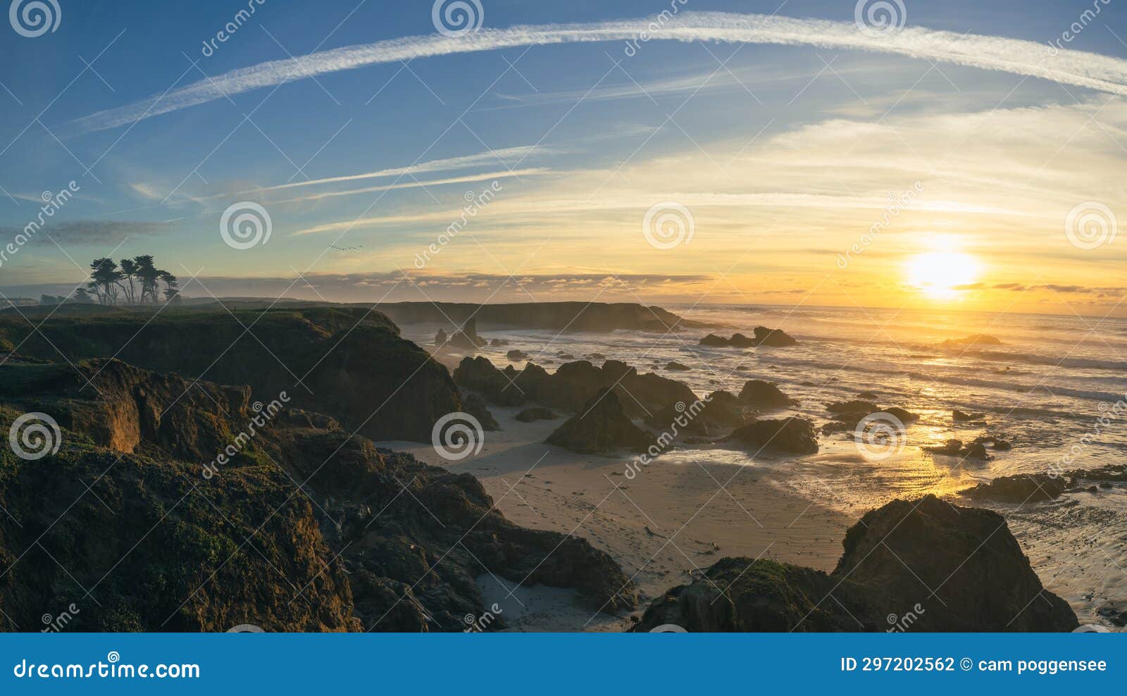wide angle landscape view of fort bragg coastline as sunset near pudding creek trees