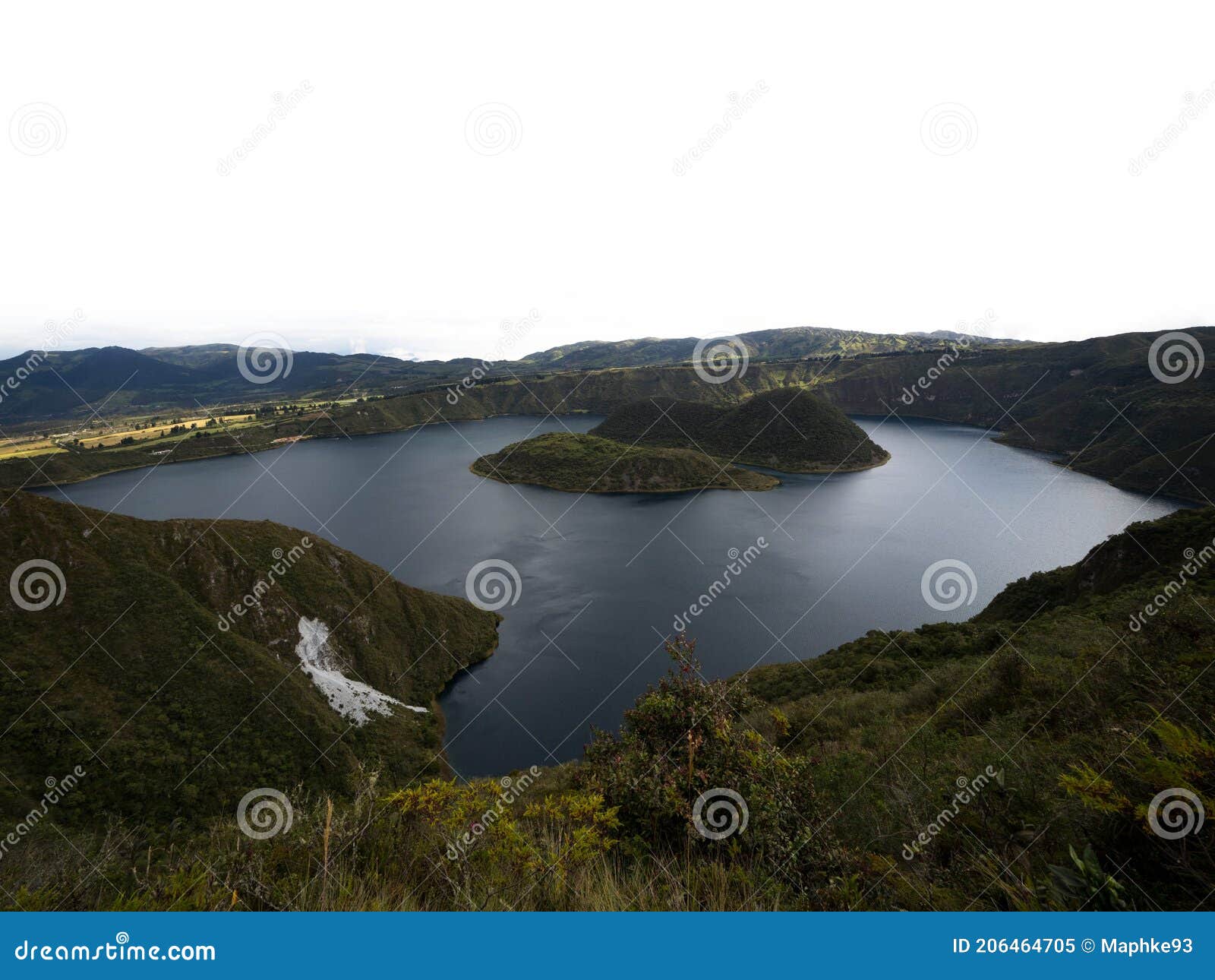 wide angle panorama of cuicocha caldera crater lake cotacachi volcano otavalo andes mountains imbabura ecuador