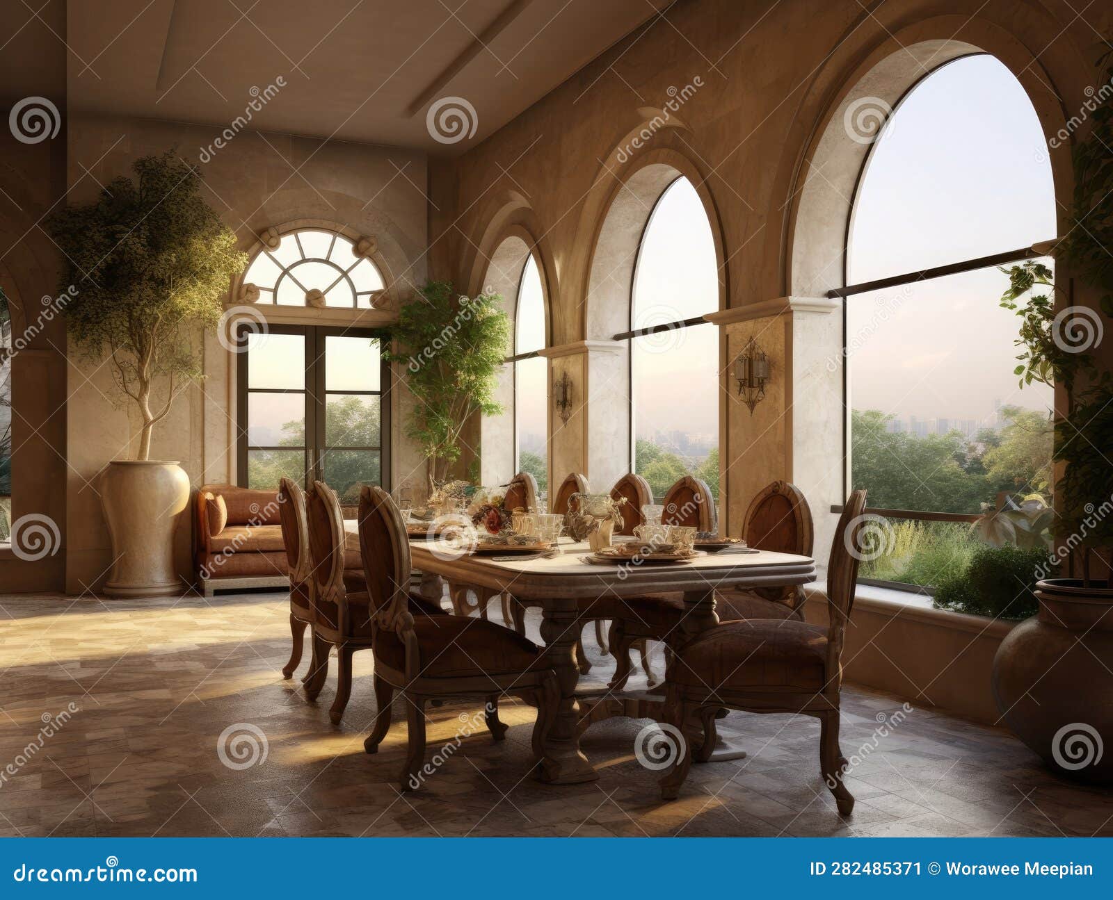 Wide Angle View of Dining Room in Mediterranean Style and Dining Sets