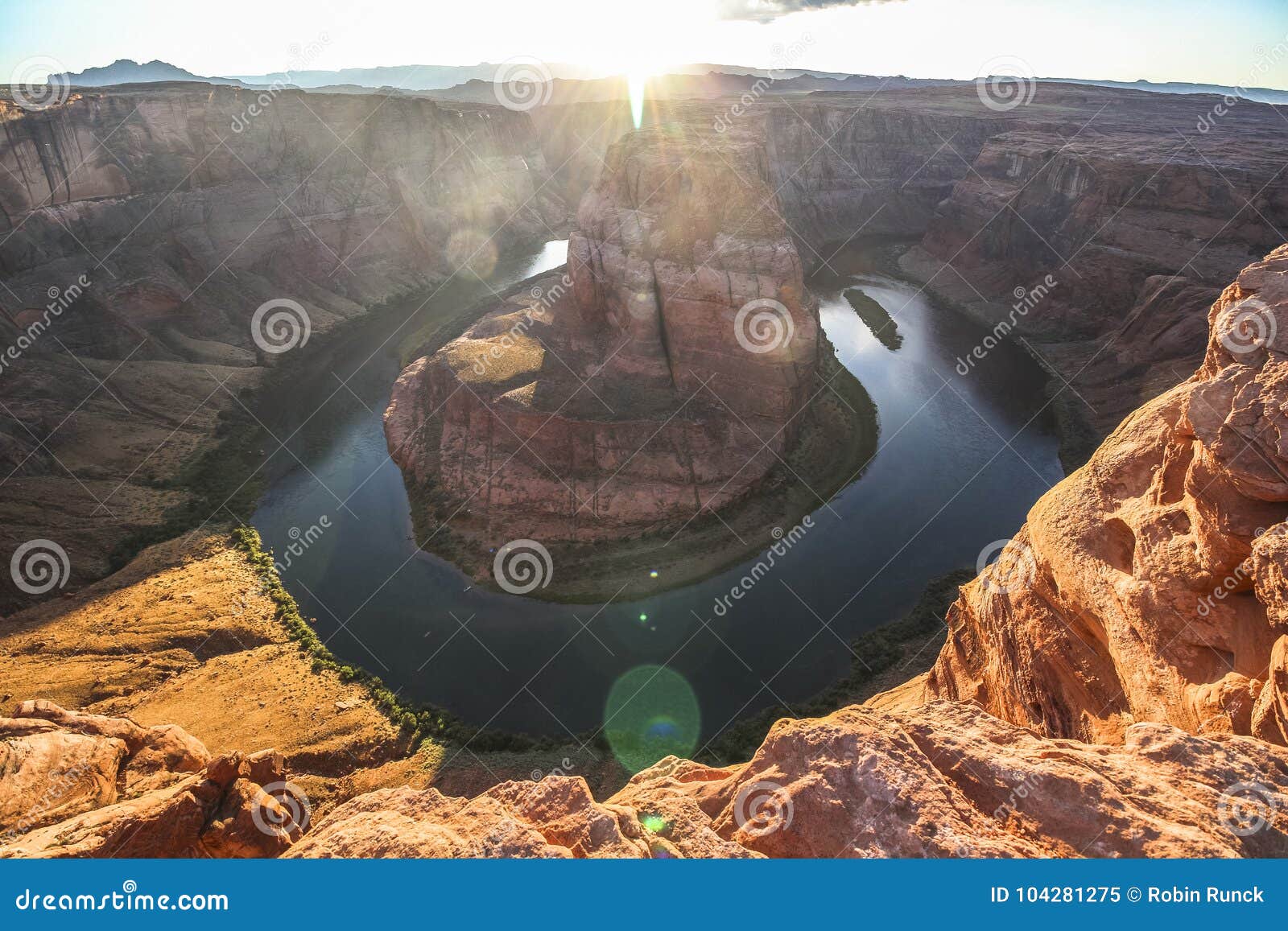 wide angle view on horseshoe bend at sunset, arizona