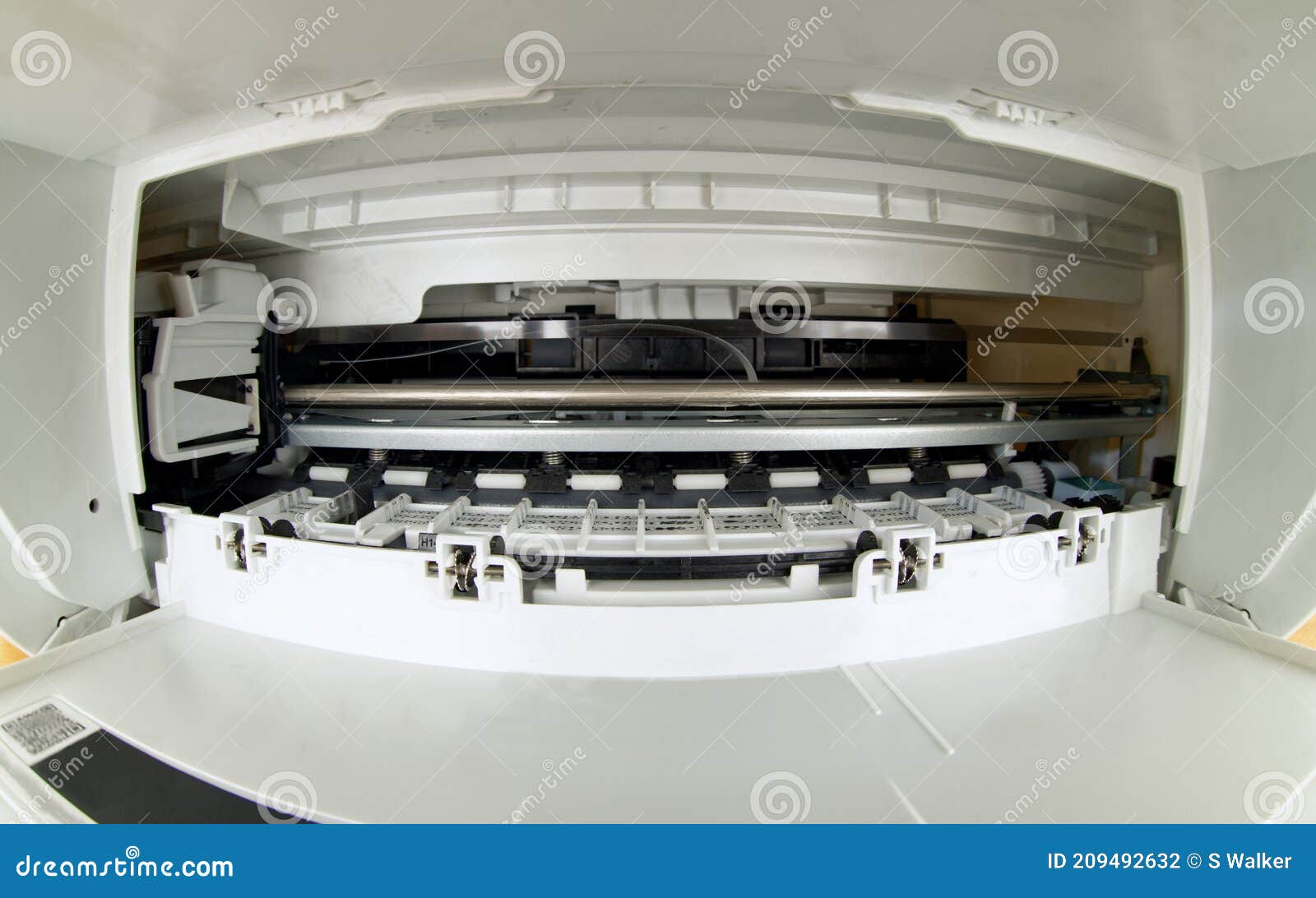 Wide angle view inside of printer carriage mechanism stock photo