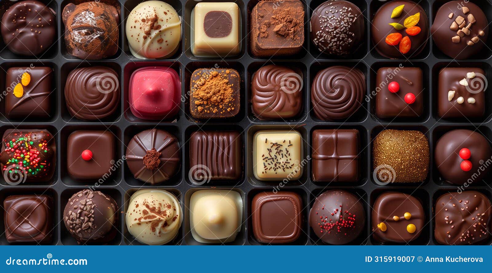 wide assortment of chocolates with various toppings in a large box