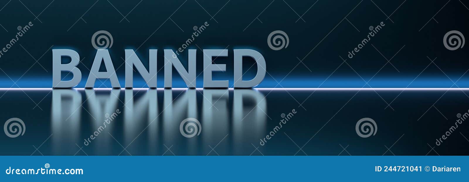 Wide Banner with Large Word Banned on Blue Neon Reflective Background