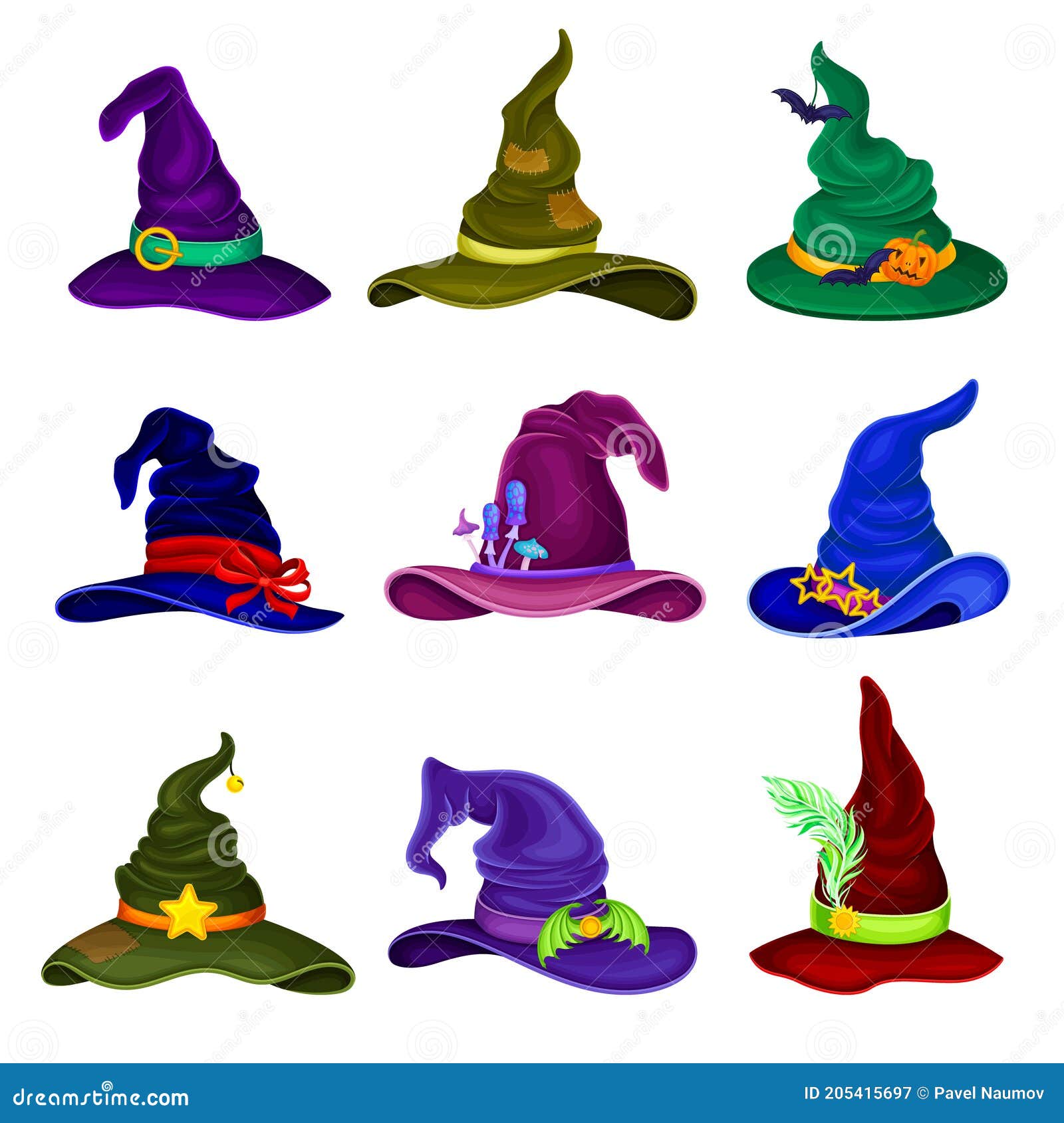 Wide Brimmed Witch Hats with Conical Crown, Ribbon, and Buckle Vector ...