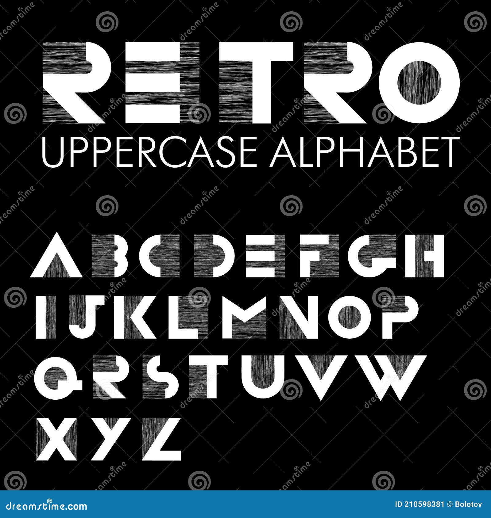 Wide Decorative Retro Alphabet. White Letters on Black Background Stock