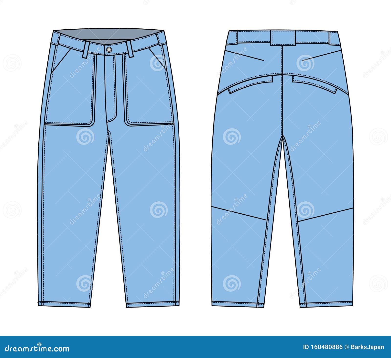 Wide Denim Pants Illustration / Washed Blue, Indigo Color Stock Vector