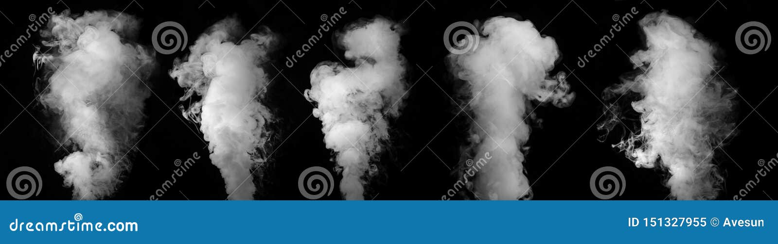 wide  of set of smoke or steam clouds over black background