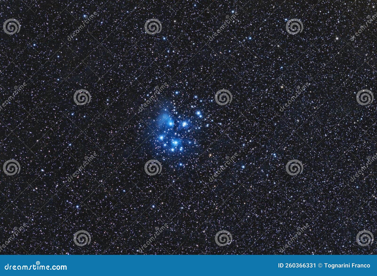 wide field of the pleiades, also known as the seven sisters and messier 45, an open star cluster