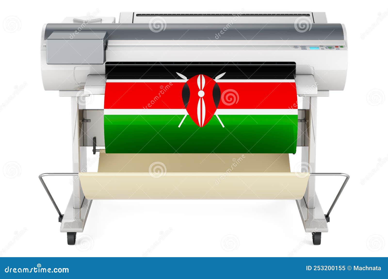 Wide Format Printer, Plotter with Kenyan Flag. 3D Rendering Stock