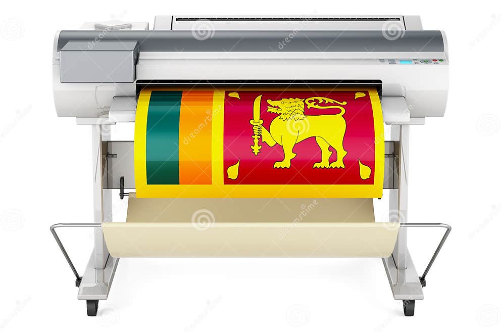 Wide Format Printer, Plotter with Sri Lankan Flag. 3D Rendering Stock