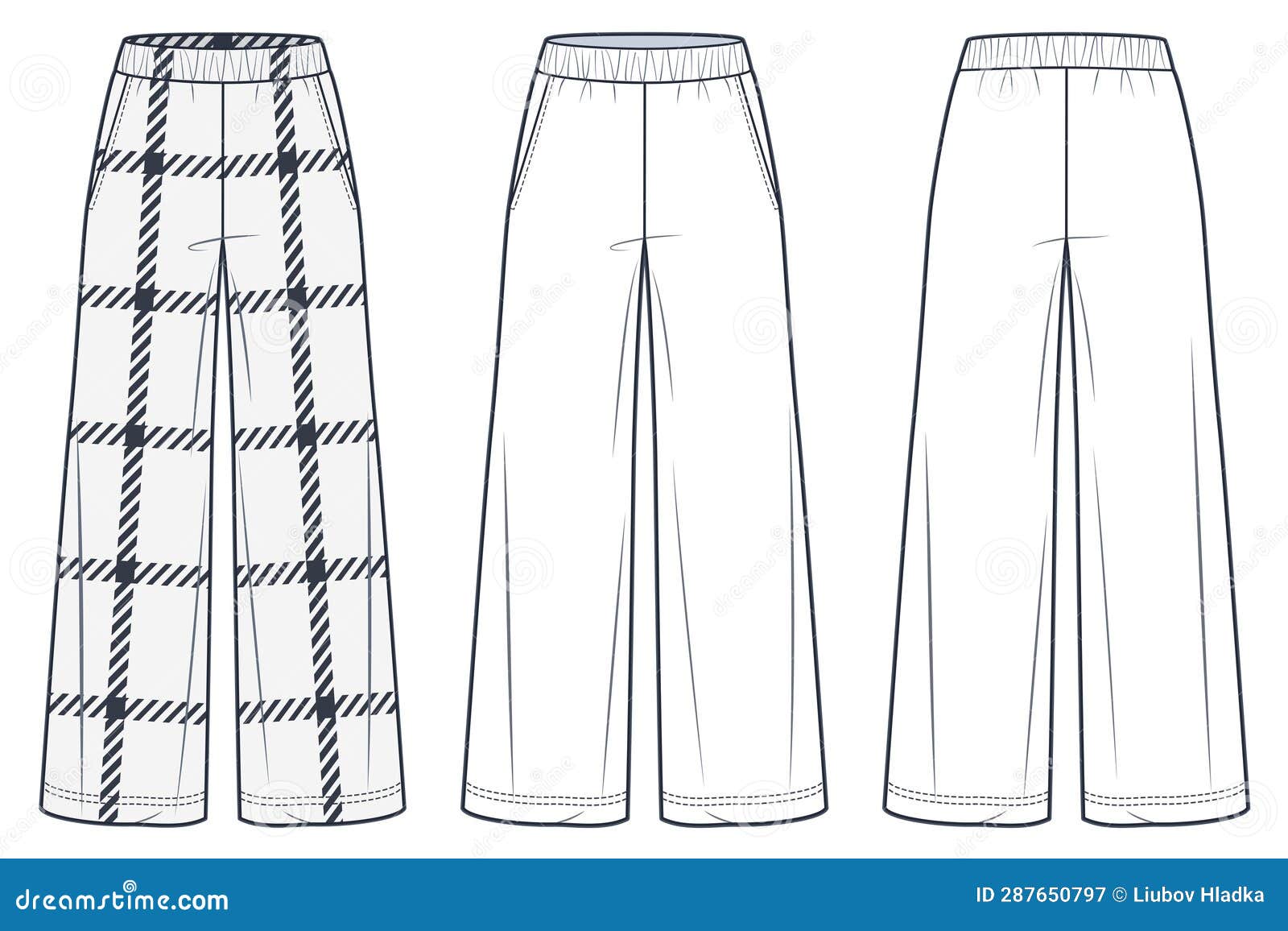 Wide Leg Pants Fashion Flat Technical Drawing Template, Plaid Design ...