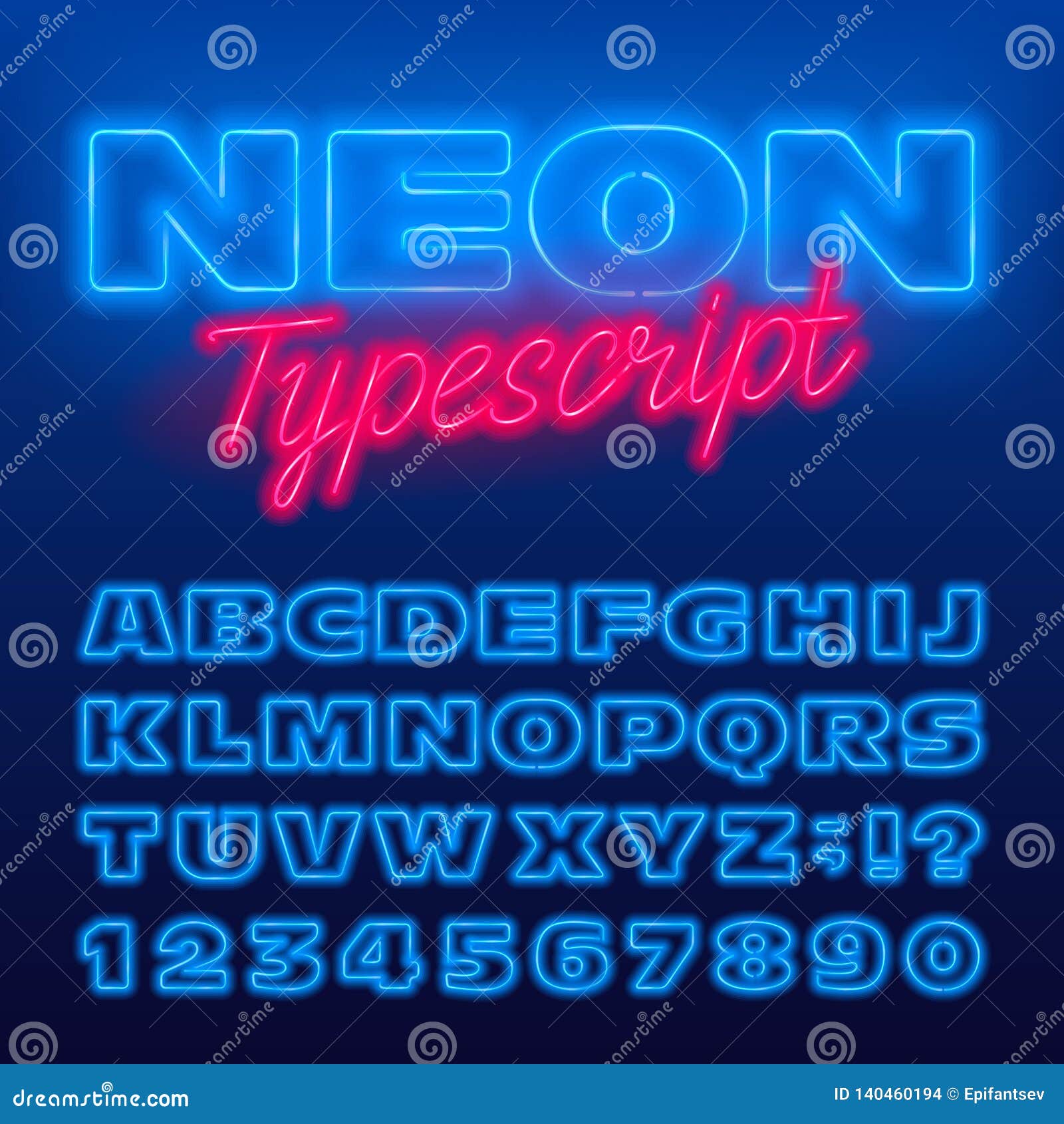 wide neon alphabet font. blue neon color light bulb uppercase letters and numbers.