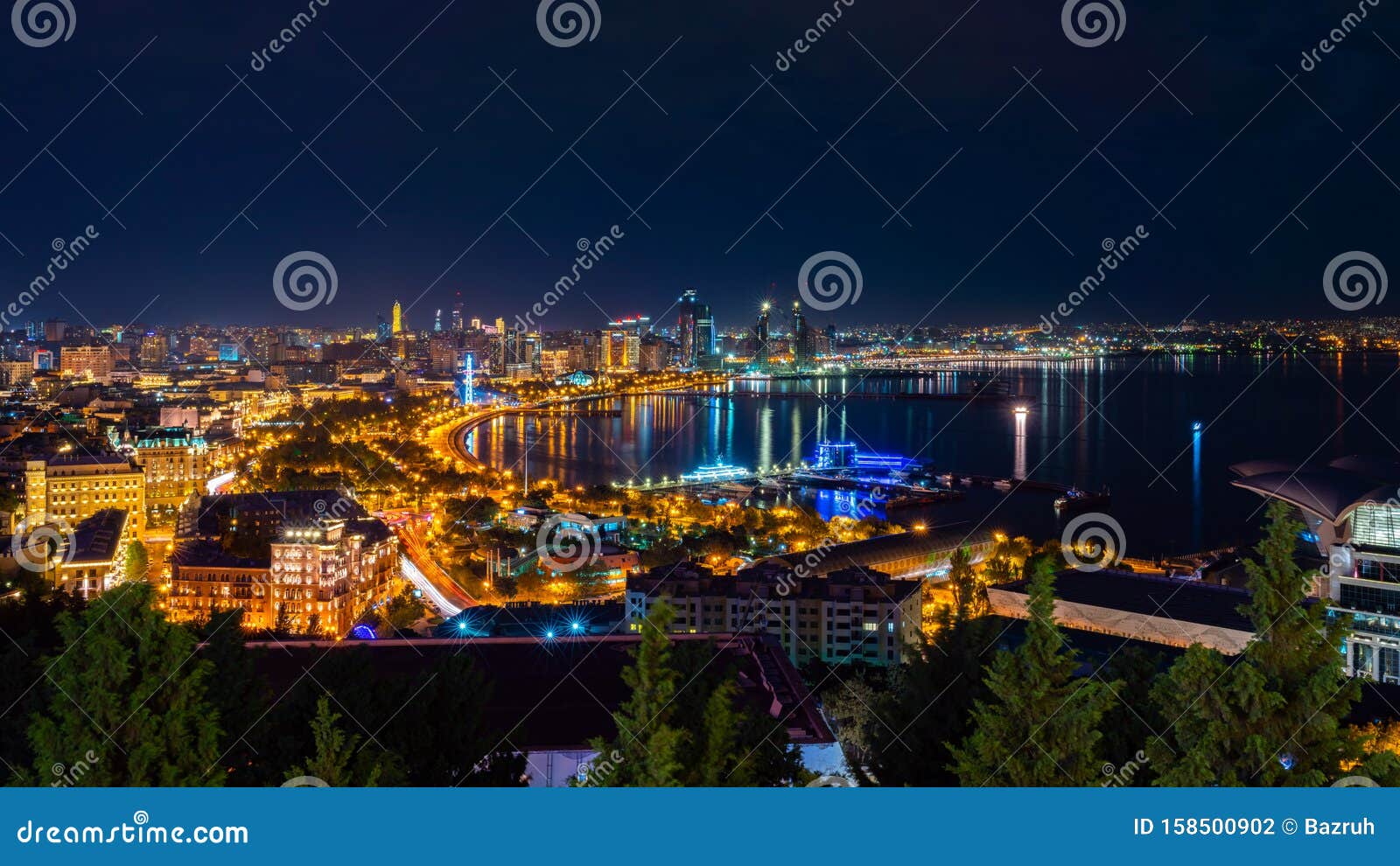 wide panorama of night baku city